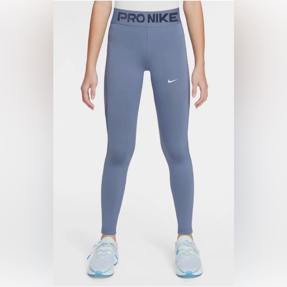 Nike Girls' Pro Leggings in Slate Blue with White Swoosh